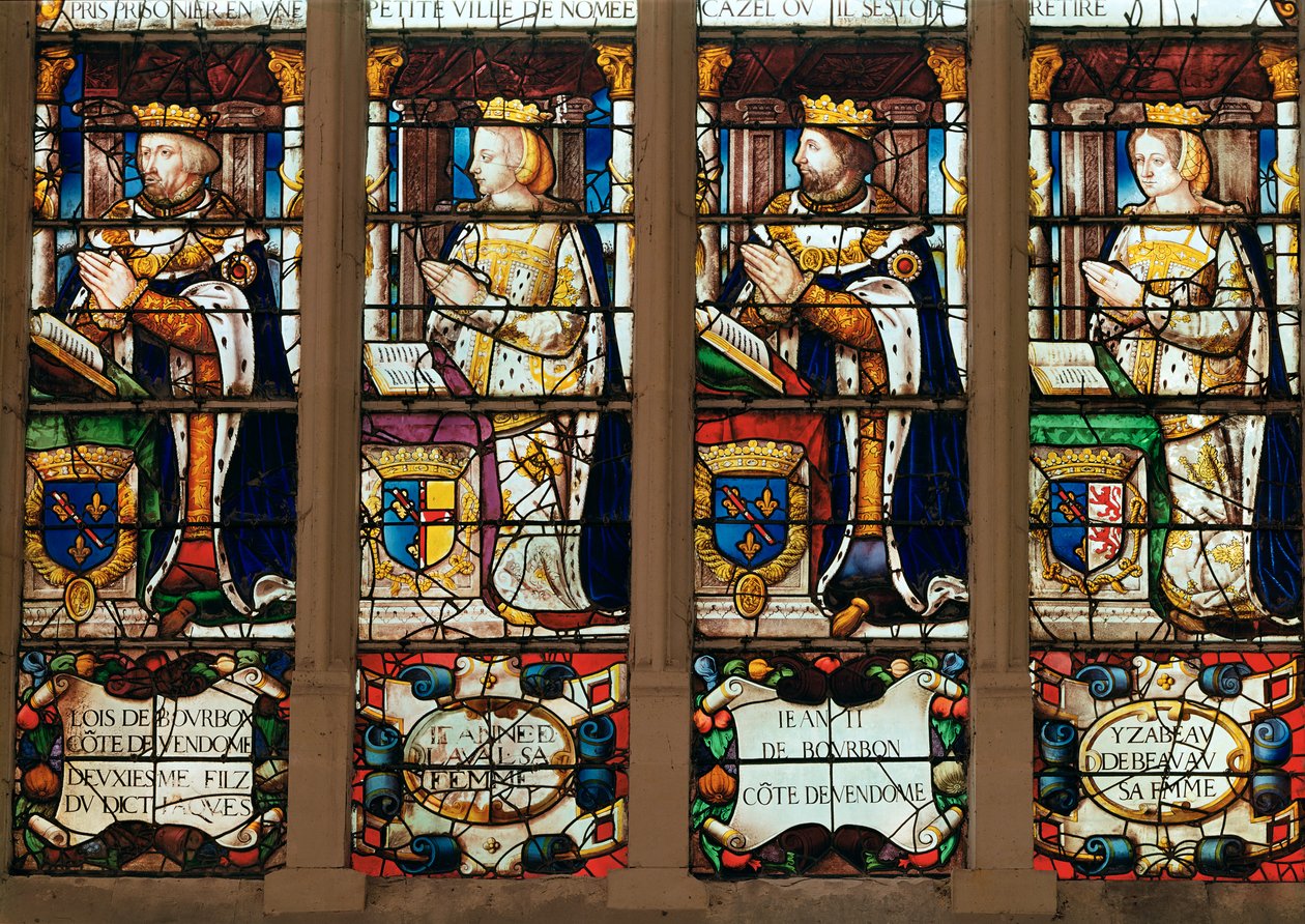Vindu som viser Louis de Bourbon (1376-1446) Comte de Vendome, Jeanne de Laval (d.1468) Jean II de Bourbon (1446-77) Comte de Vendome abd Isabelle de Beauvau (d.1474) av French School
