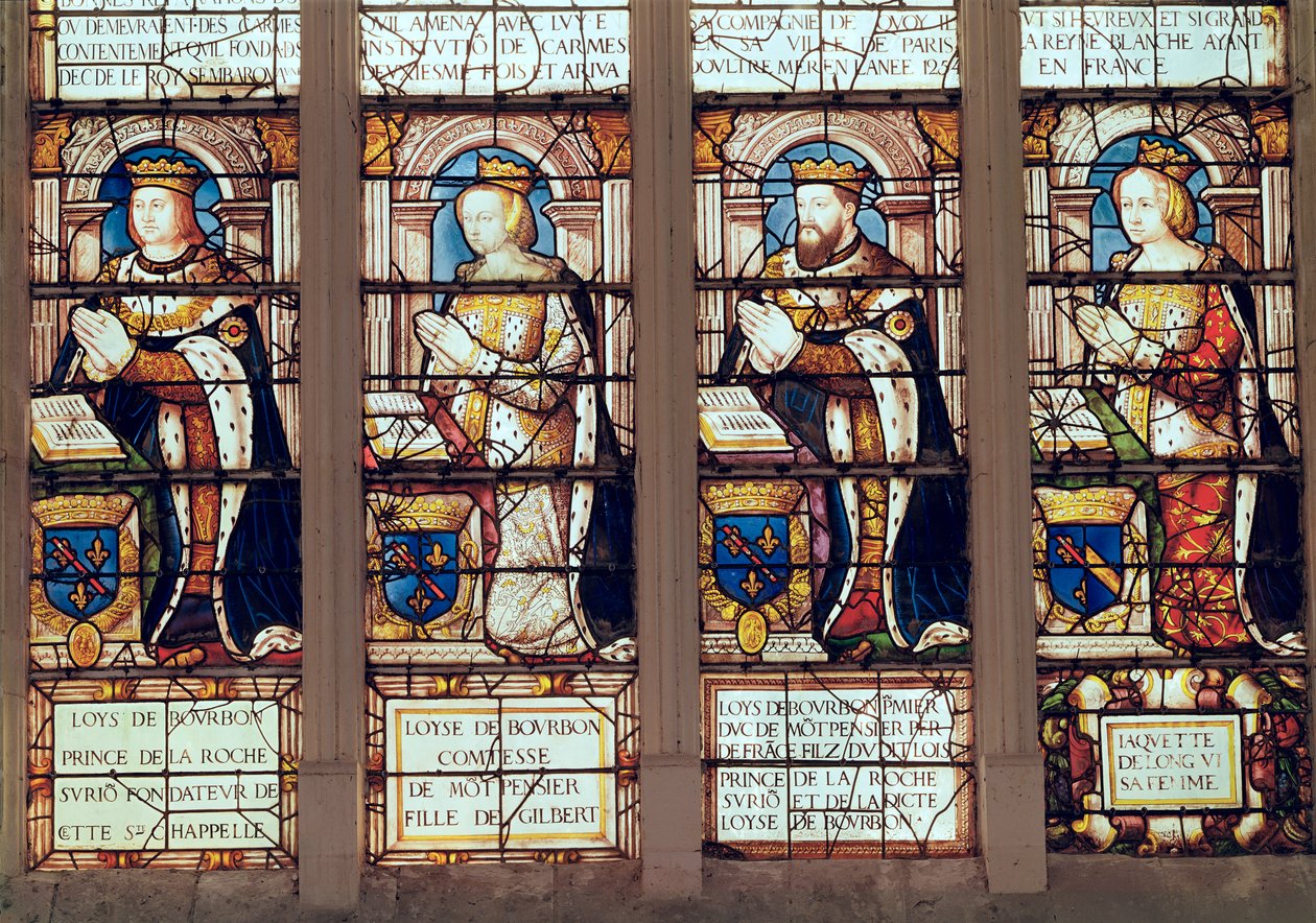 Vindu som viser Louis de Bourbon (1465-1520) Prins av La Roche-sur-Yon, Louise de Bourbon (d.1561) Comtesse de Montpensier, Louis II de Bourbon (1513-82) Duc de Montpensier og Jacquette de Longwy ( av French School