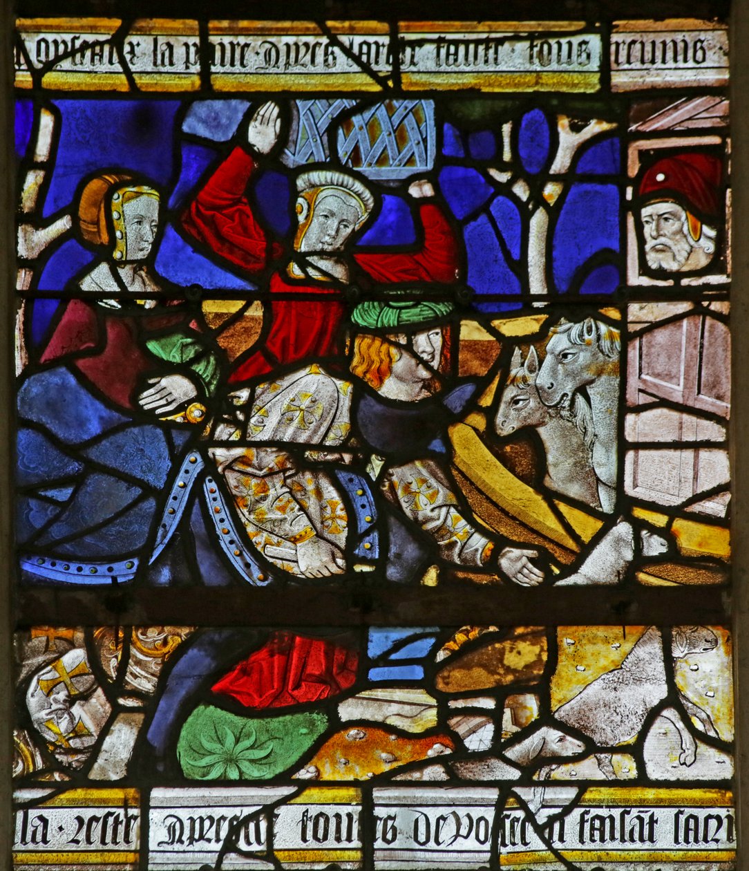 Vindu som viser Noah og arken: lasting av arken (farget glass) av French School