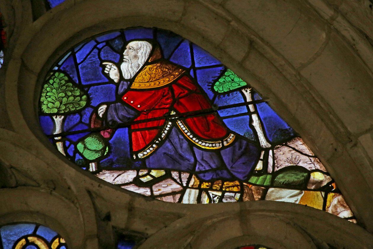 Vindu som viser Noah som lytter til Gud (farget glass) av French School