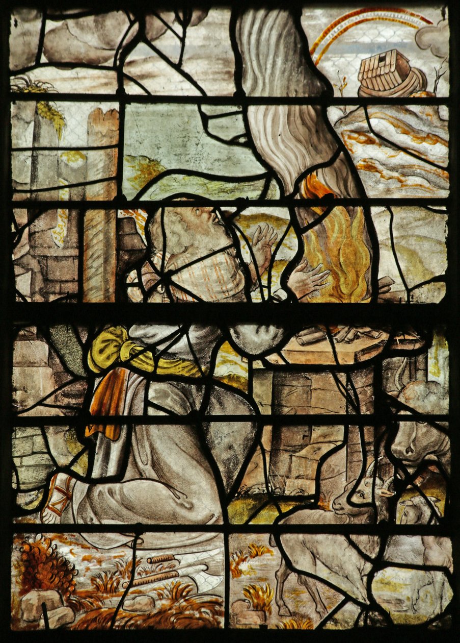 Vindu som viser Noah som bringer et offer, arken på Ararat-fjellet og en regnbue (farget glass) av French School