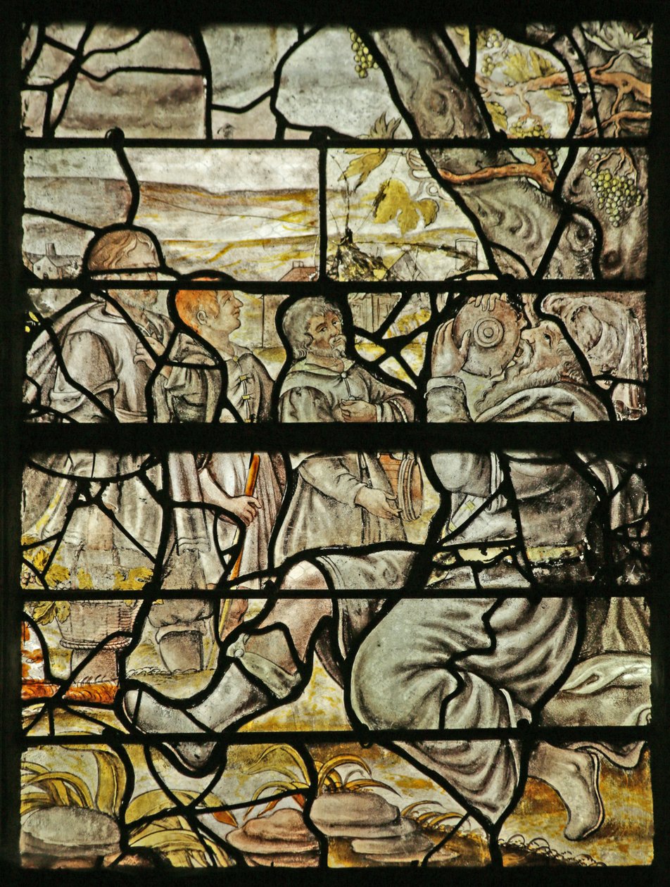 Vindu som viser Noahs drunkennes (farget glass) av French School