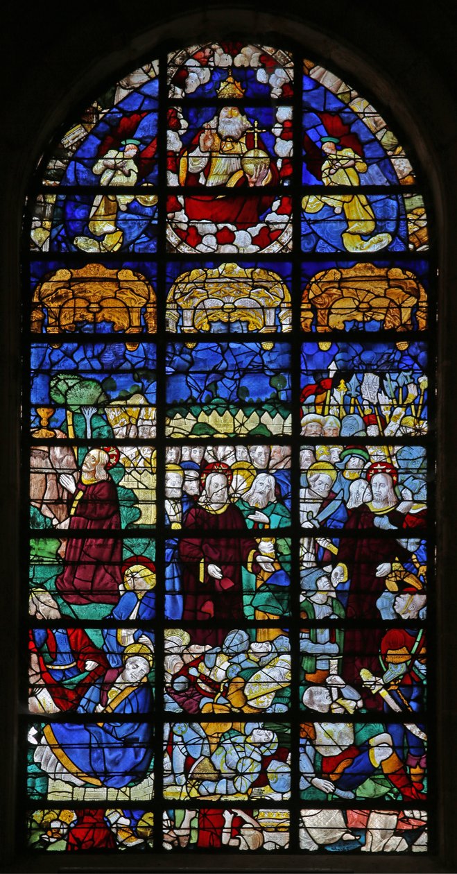 Vindu som viser lidenskapsscener (farget glass) av French School