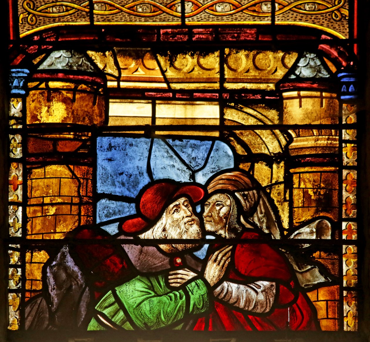 Vindu som viser Saint Anne og Joachim ved Golden Gate (farget glass) av French School