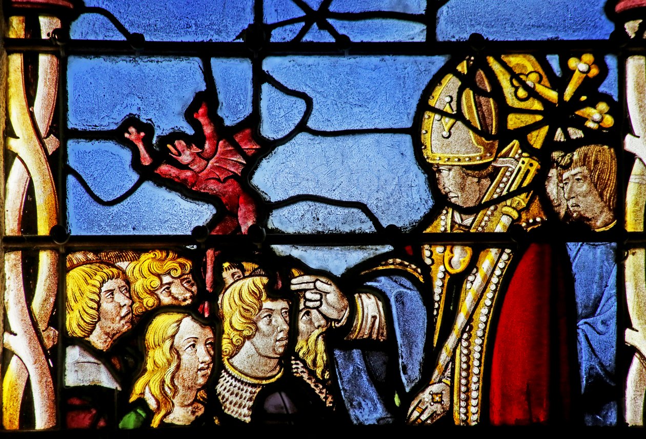 Vindu som viser Saint Cler: utdriver en demon fra Hasterie av French School