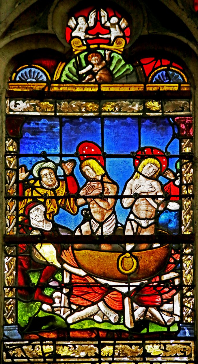 Vindu som viser Saint Crepin og Saint Crepinien: Martyrdommen (farget glass) av French School