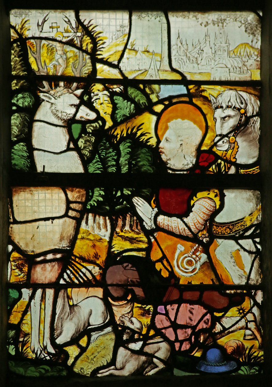 Vindu som viser Saint Eustache (som Placidus) som møter Stag (farget glass) av French School