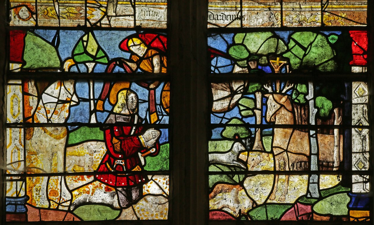 Vindu som viser Saint Hubert and the Stag (farget glass) av French School
