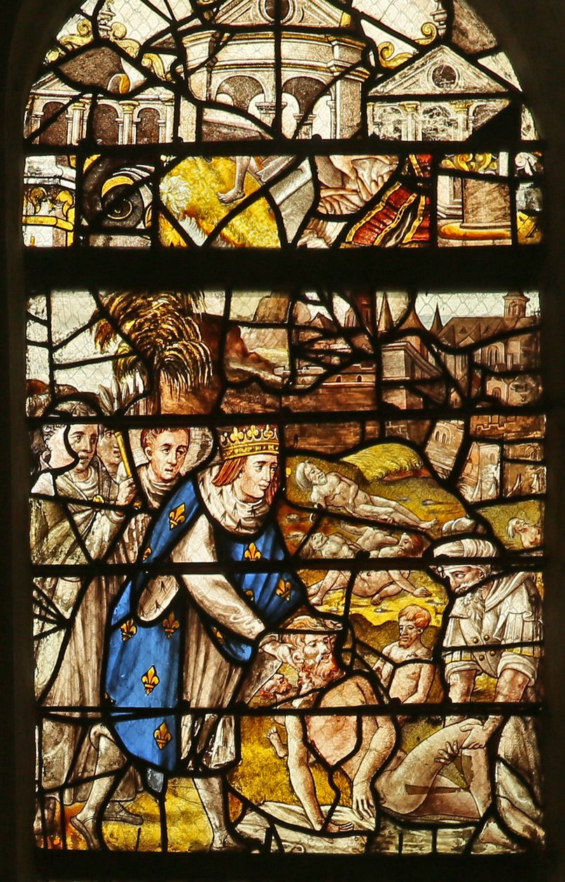 Vindu som viser Saint Louis som begraver de døde (farget glass) av French School