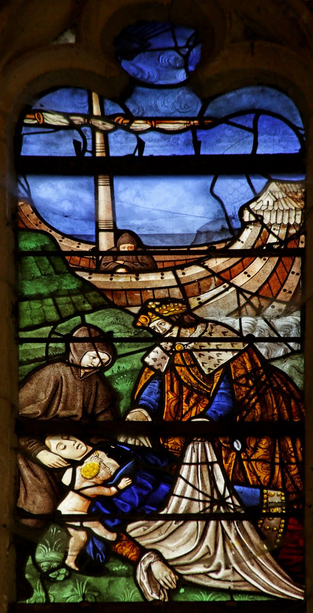Vindu som viser Saint Mary Magdalene: Grevinne av Provence som dør på pilegrimsreise til Det hellige land (farget glass) av French School