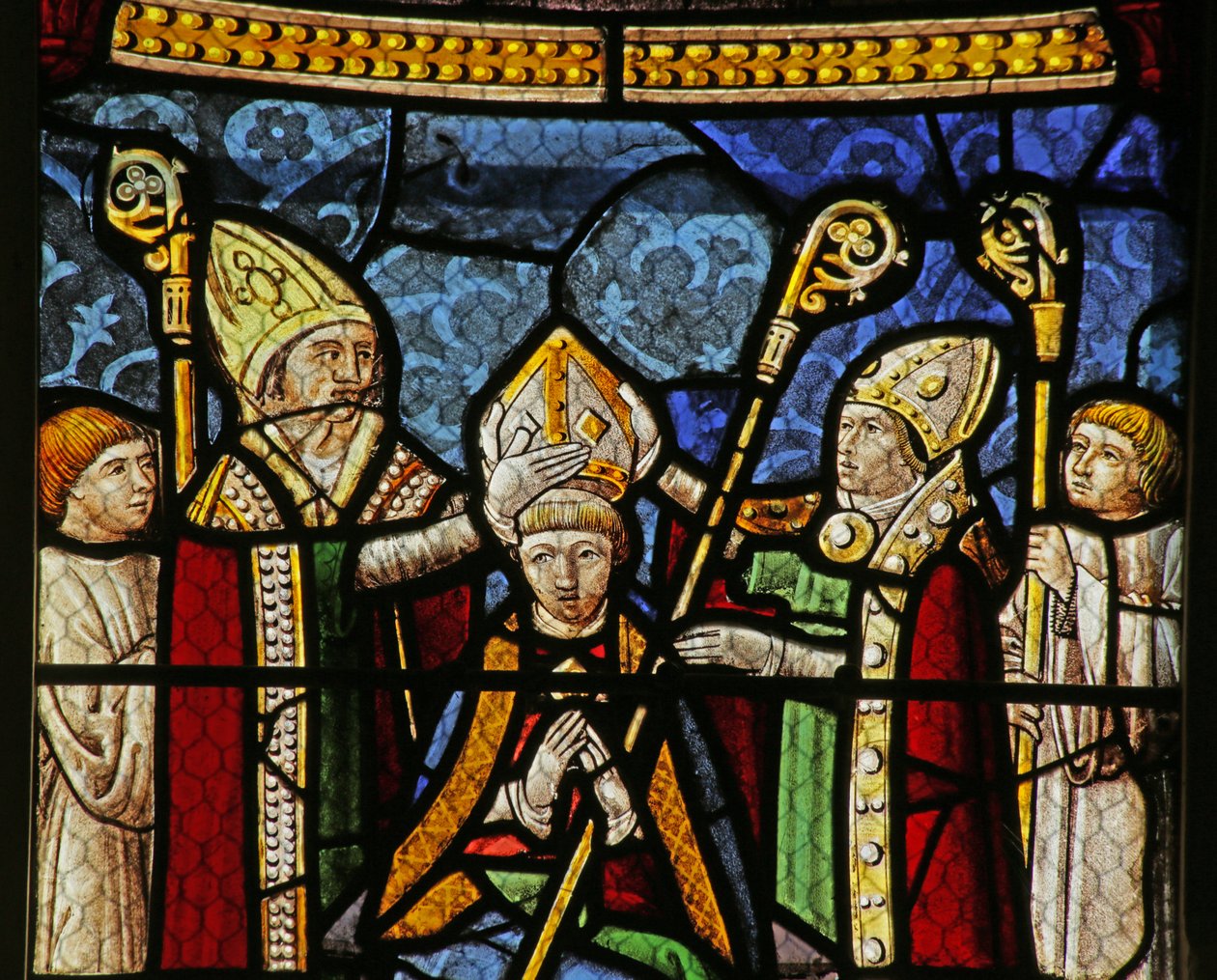 Vindu som viser Saint Nicholas som ble biskop av Myra (farget glass) av French School