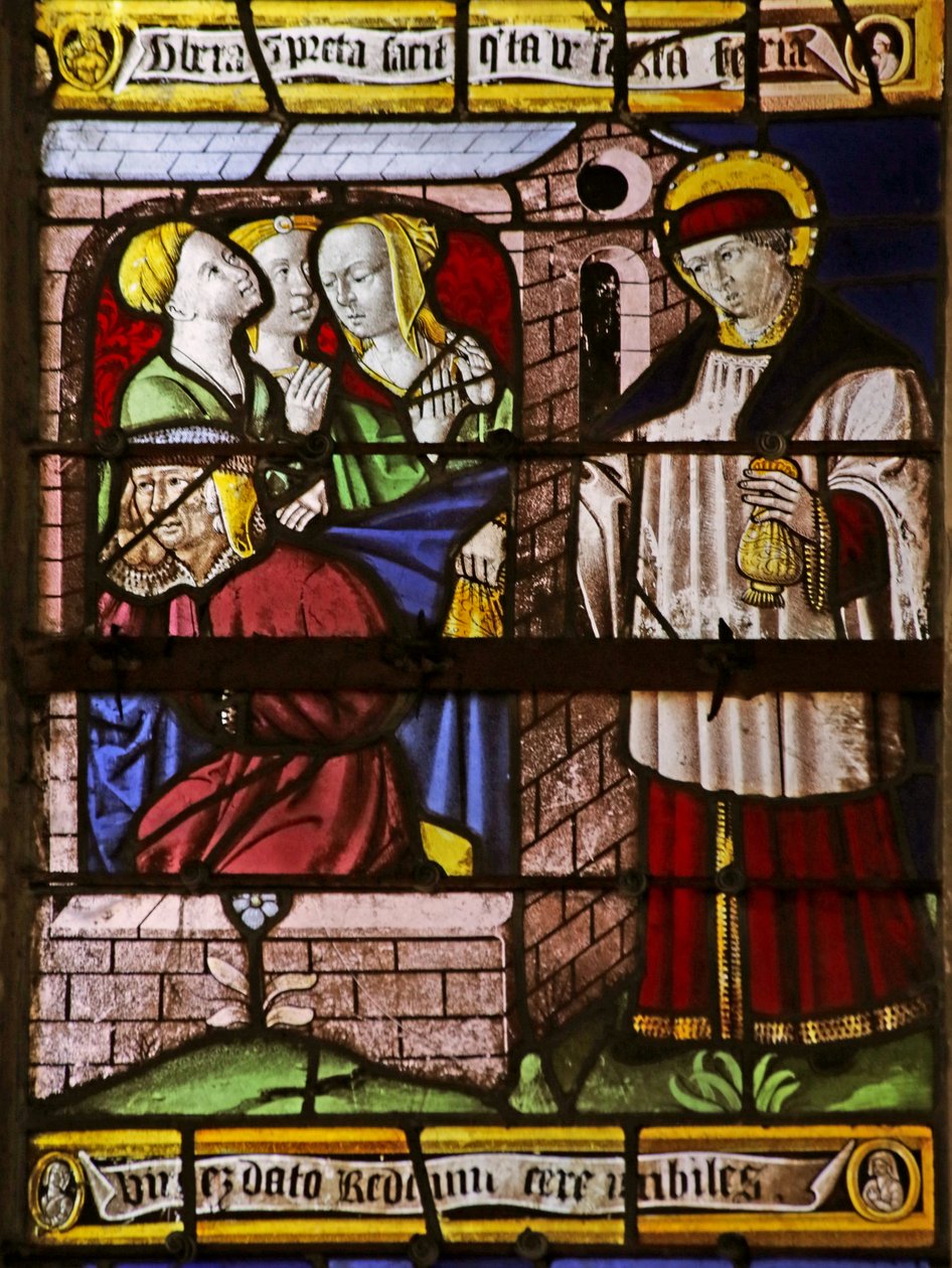 Vindu som viser Saint Nicholas som legger igjen penger til faren til tre jenter for å unngå at de går inn i prostitusjon (glassmaleri) av French School
