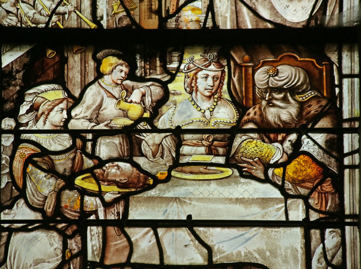 Vindu som viser Salome som presenterer Herodes med hodet til døperen Johannes av French School