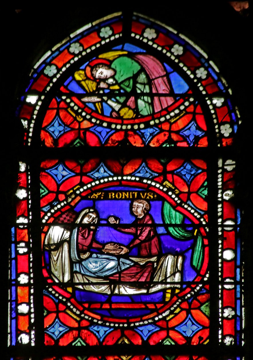 Vindu som viser scene fra livet til Saint Bonnet: Healing of a Blind Woman av French School