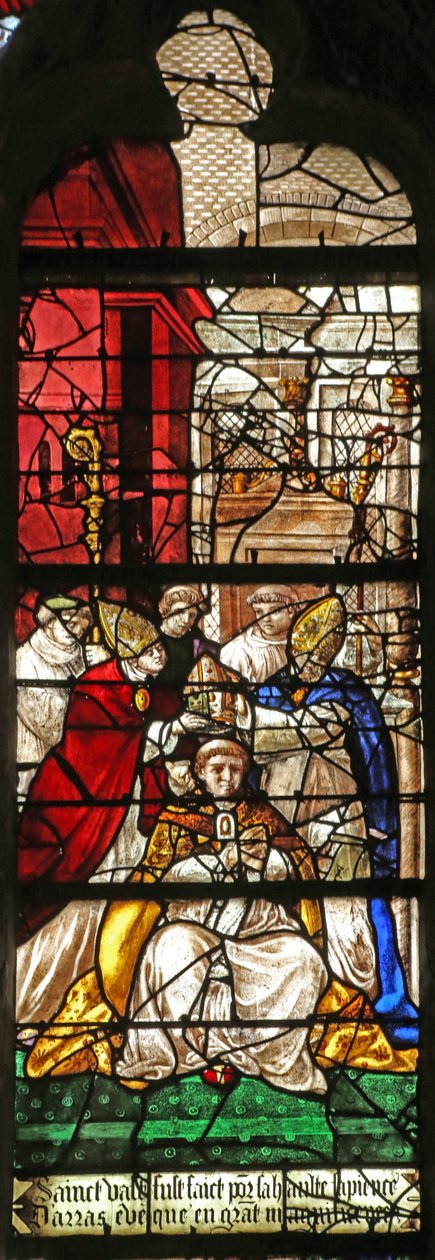Vindu som viser scene fra livet til Saint Vast (farget glass) av French School