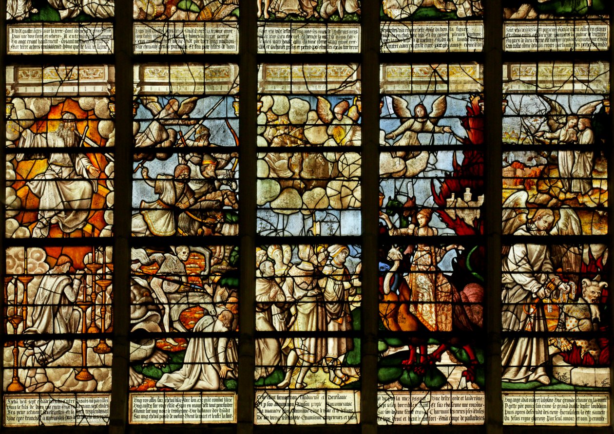 Vindu som viser scener fra Åpenbaringsboken (farget glass) av French School