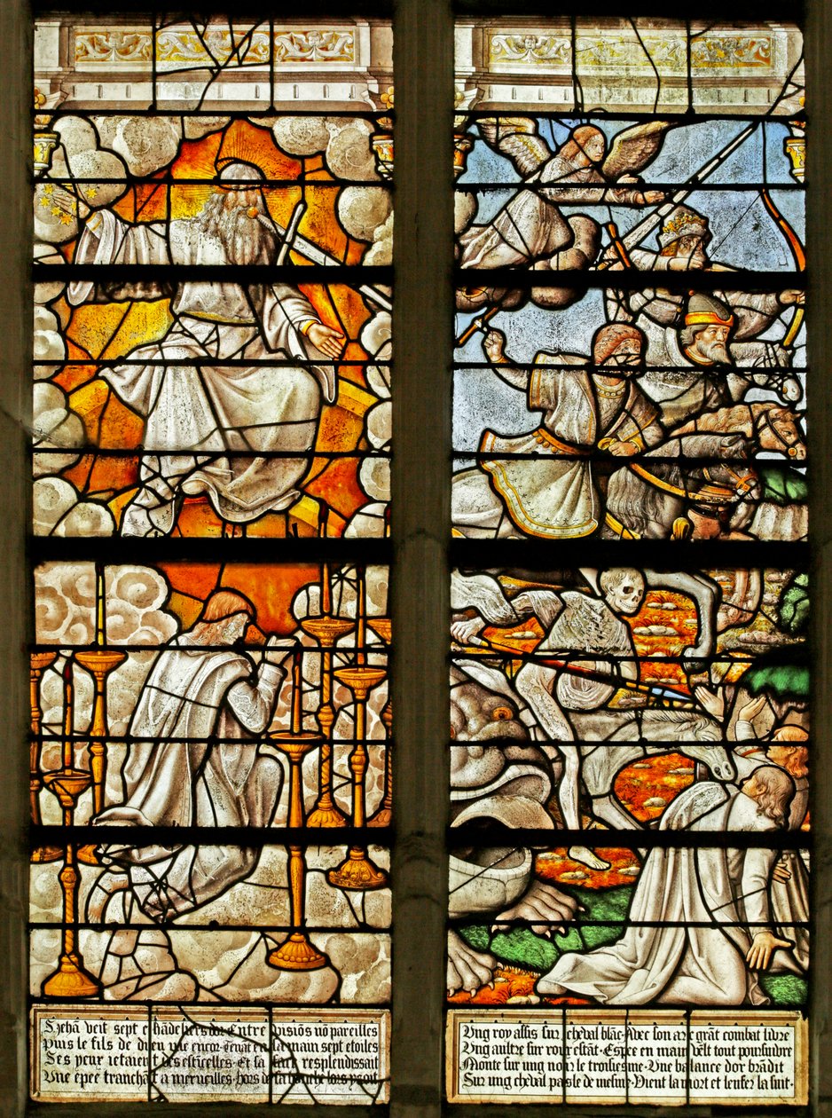 Vindu som viser scener fra Åpenbaringsboken (farget glass) av French School