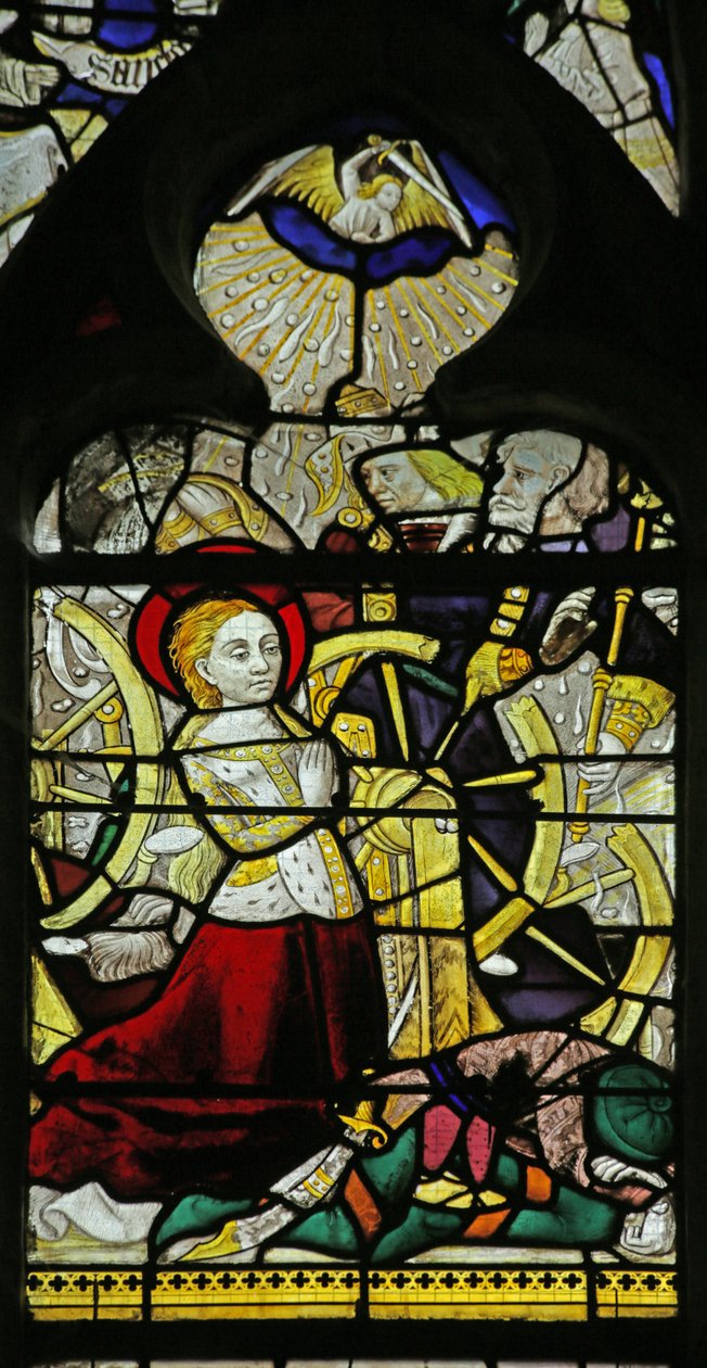 Vindu som viser St Catherine som ber og engler som bryter hjulet ved å kaste steiner, 1460-70 av French School