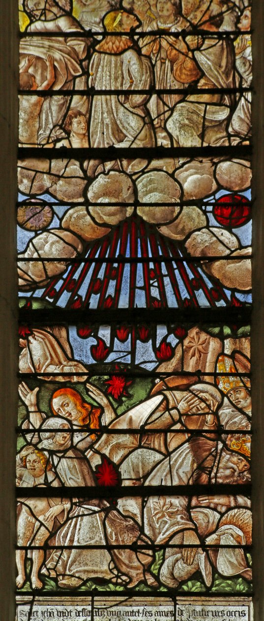 Vindu som viser en scene fra Åpenbaringsboken: Stjerner som faller fra himmelen (farget glass) av French School