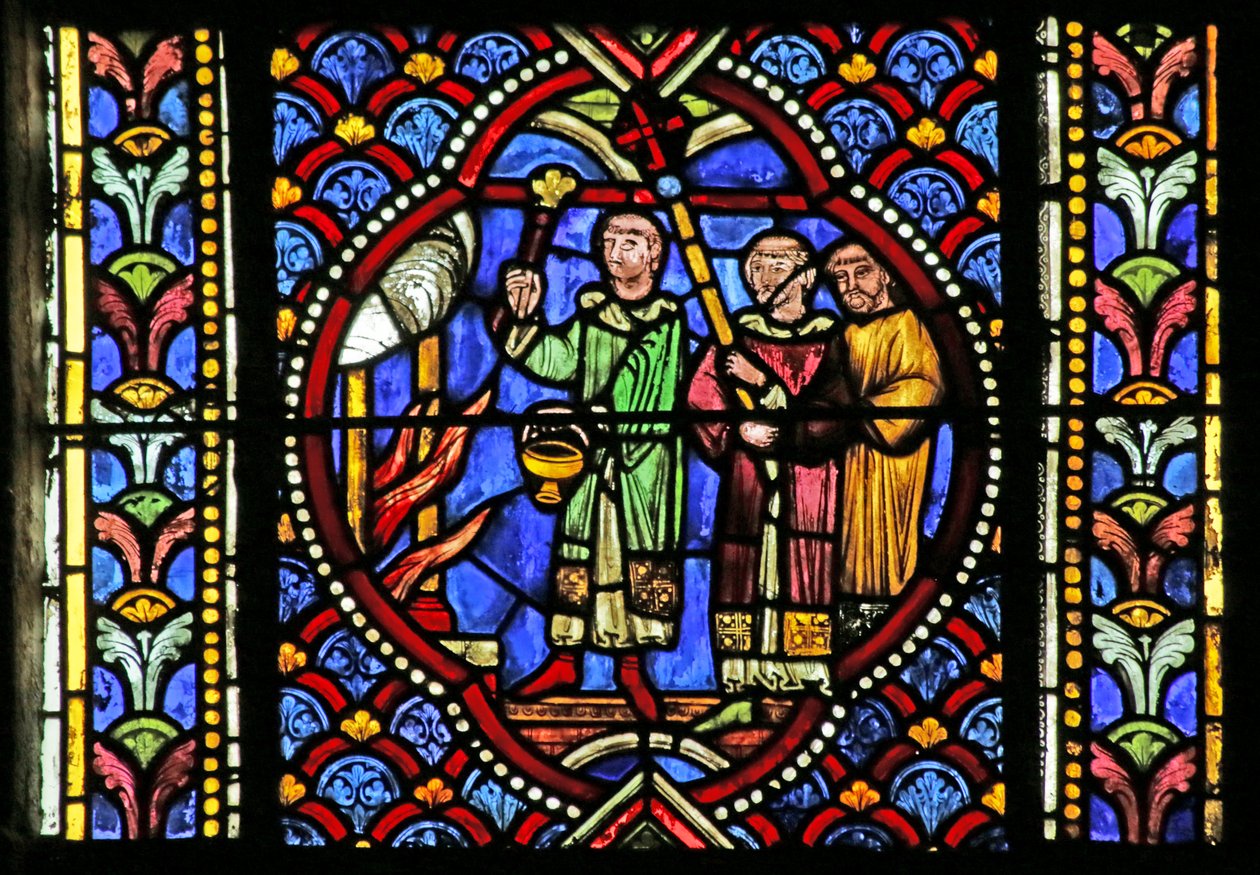 Vindu som viser en scene fra livet til Saint Artheme: En brann i byen Clermont nødvendiggjør bevegelsen av Saints Relics. En prosesjon bærer relikvieskrinet og ankommer bålet og b av French School