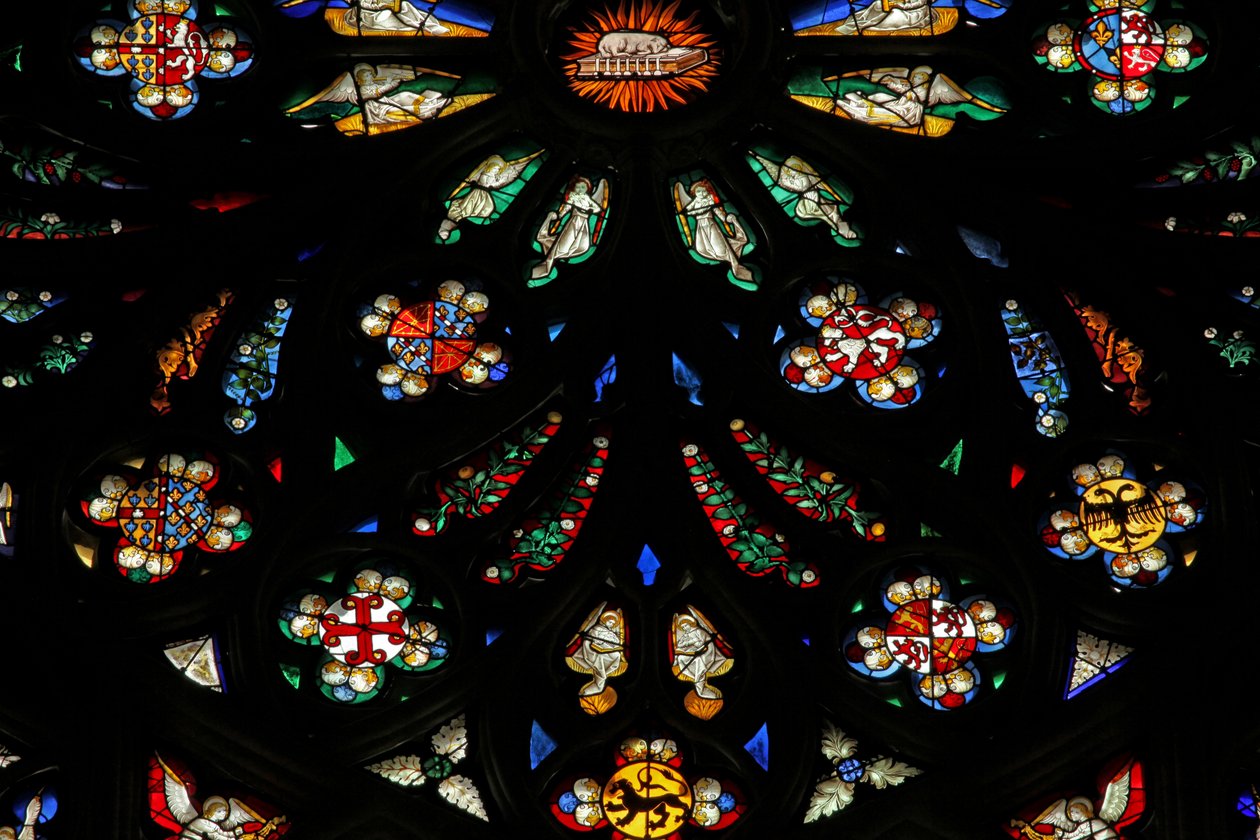 Vindu som viser en detalj fra det vestlige rosevinduet; våpenskjoldene inkluderer Montmorency-Laval, Bertrand Duguesclin og Oliver de Clisson av French School