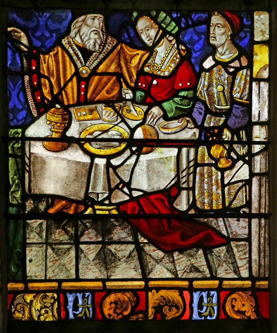 Vindu som viser måltidsscene (farget glass) av French School