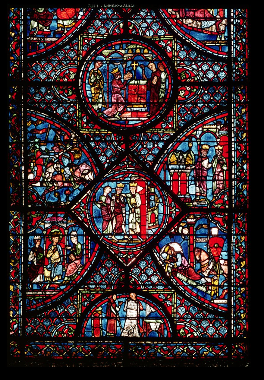 Vindu som viser scener fra Karl den Stores liv (747-814) fra ambulatoriet av French School
