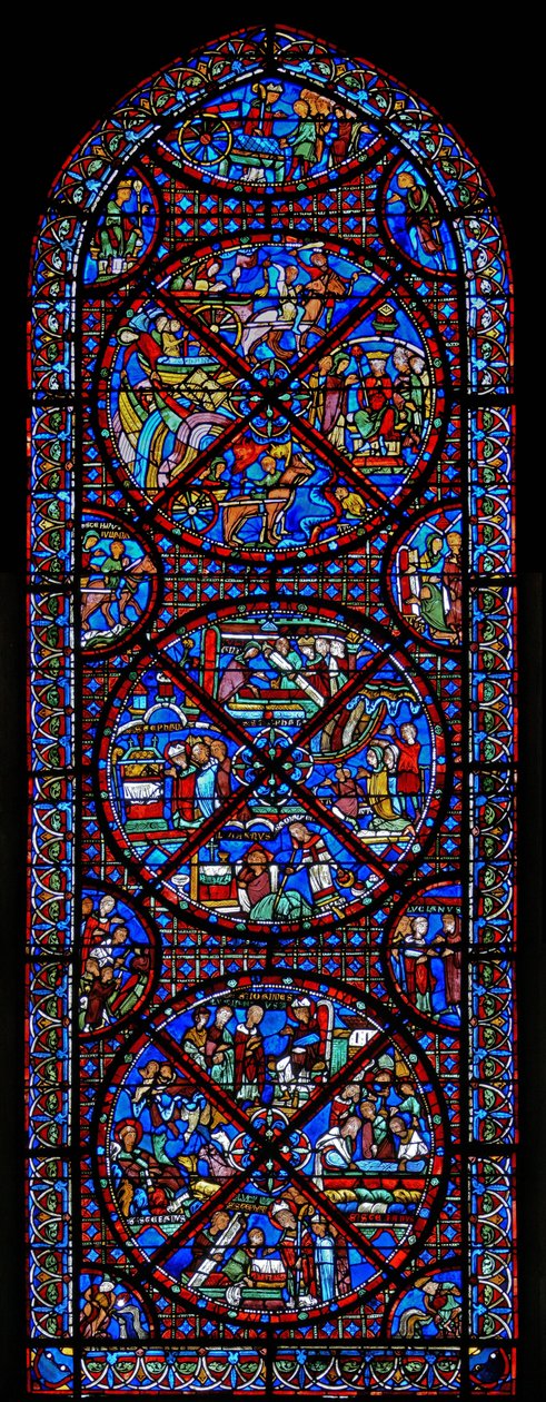 Vindu som viser scener fra St. Stephens liv av French School