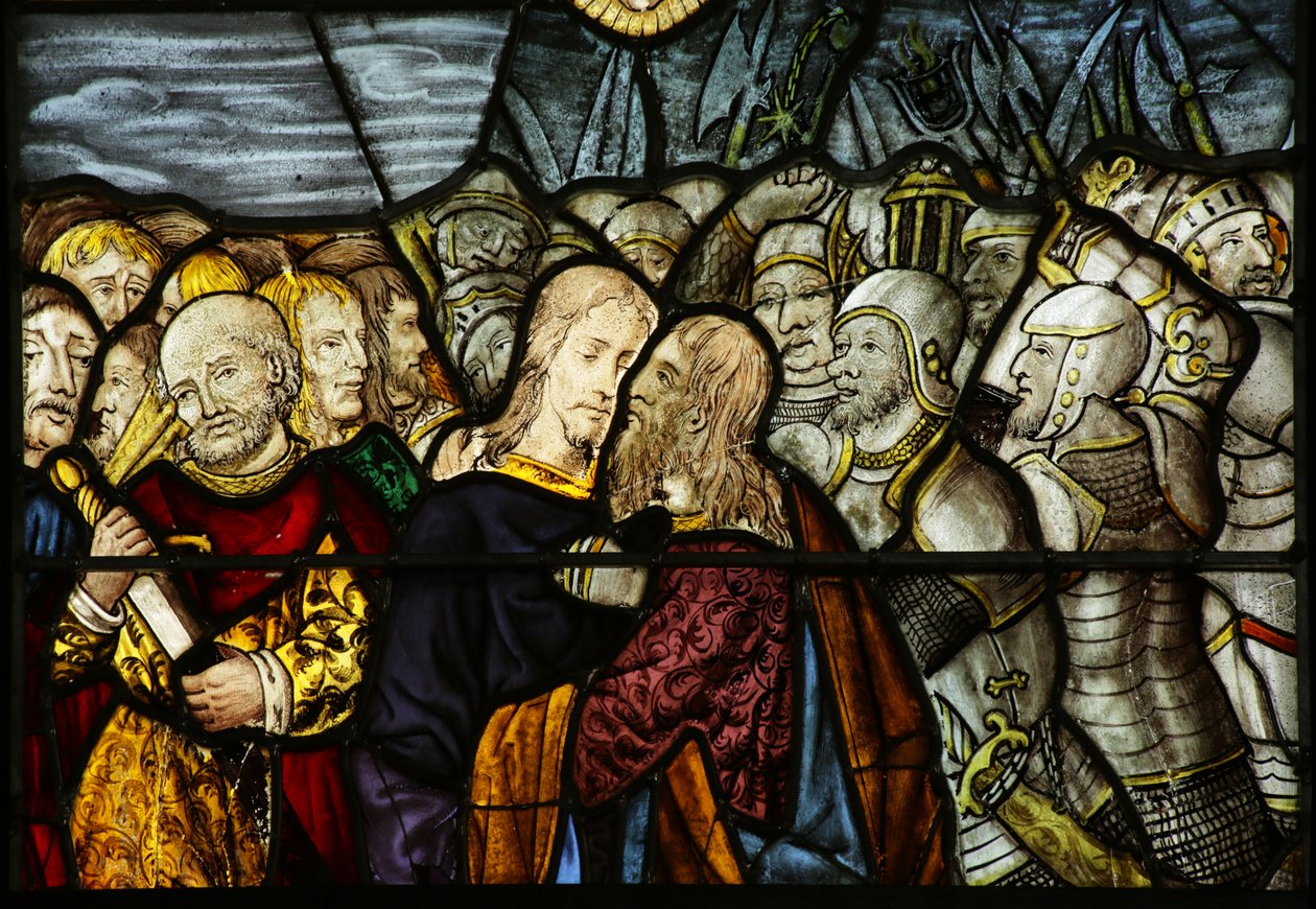 Vindu som viser sviket i Getsemene (farget glass) av French School