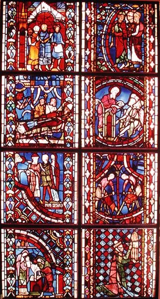 Vindu som viser legenden om St. Nicolas, St. Martins død, St. Johannes Døperen forkynner i ørkenen, Omskjæring av St. Johannes Døperen, Legenden om St. Stefan, Preken av St. Johannes B. av French School