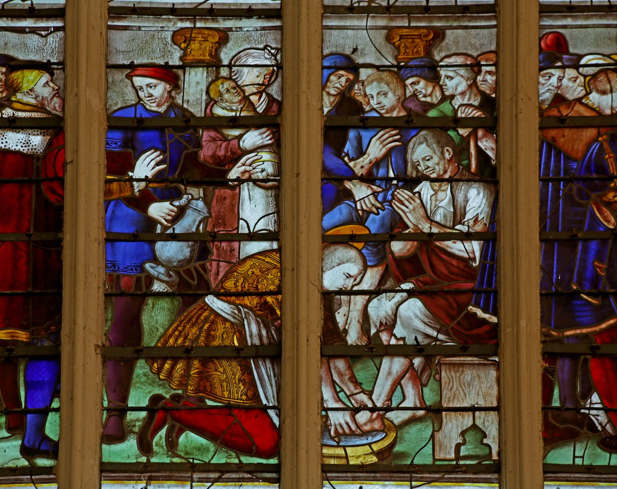 Vindu som viser de fromme og veldedige handlingene til Saint Louis som gjennomgår flagellering (farget glass) av French School