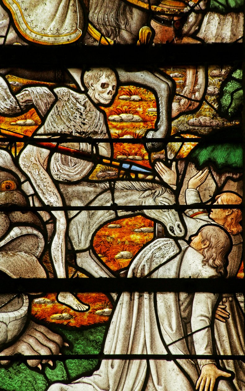 Vindu som viser åpenbaringen: Apokalypsens fire ryttere (farget glass) av French School