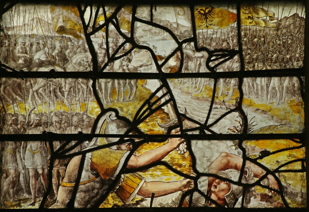 Vindu som viser historien om funnet av korset: Konstantins kamp mot Maxence (farget glass) av French School