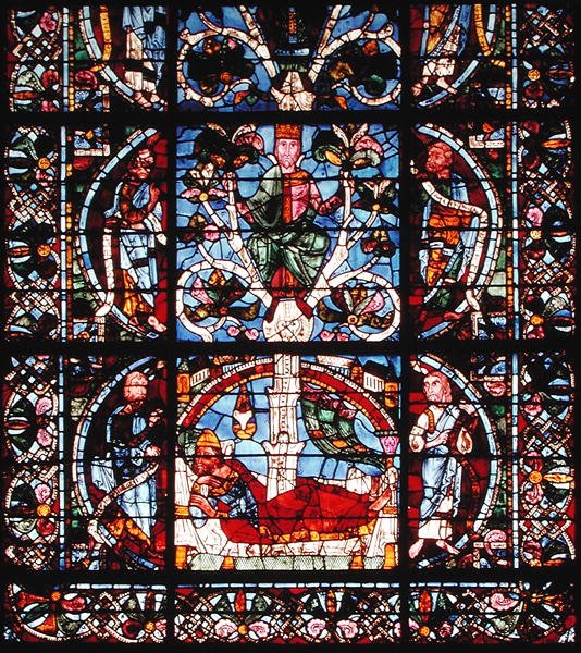Vindu som viser Jesse-treet, detalj av den nedre halvdelen (farget glass) av French School