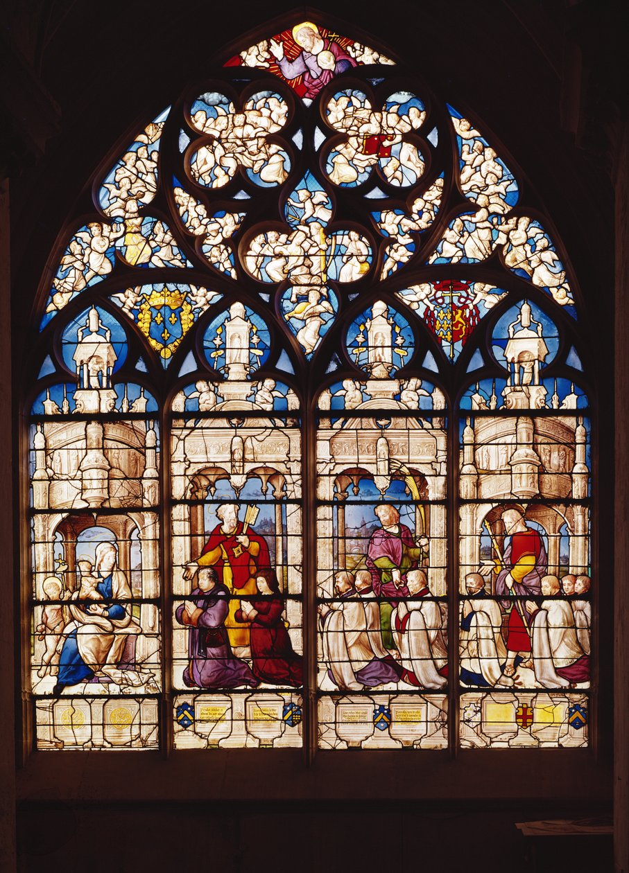 Vindu som viser jomfruen og barnet med døperen Johannes, St. Peter presenterer Pierre Tullier og hans kone, St. John presenterer Jehan, Francois og Pierre Tullier og St. James presenterer fire av French School