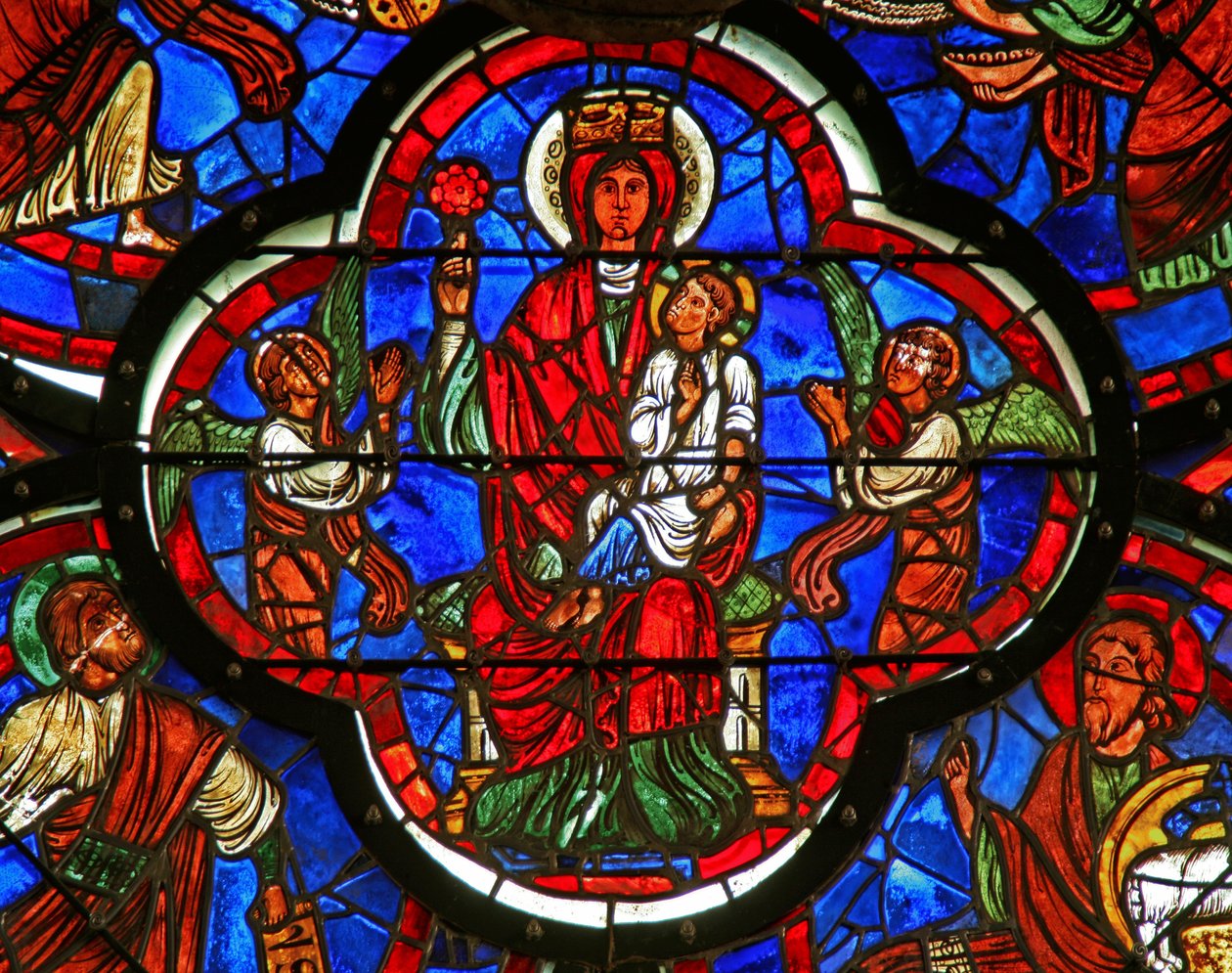 Vindu som viser jomfruen som holder Kristus på kneet og en rose i høyre hånd (detalj fra 347113) av French School