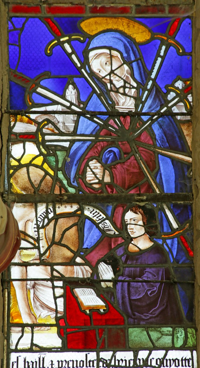 Vindu som viser Jomfruen til syv sorger (farget glass) av French School