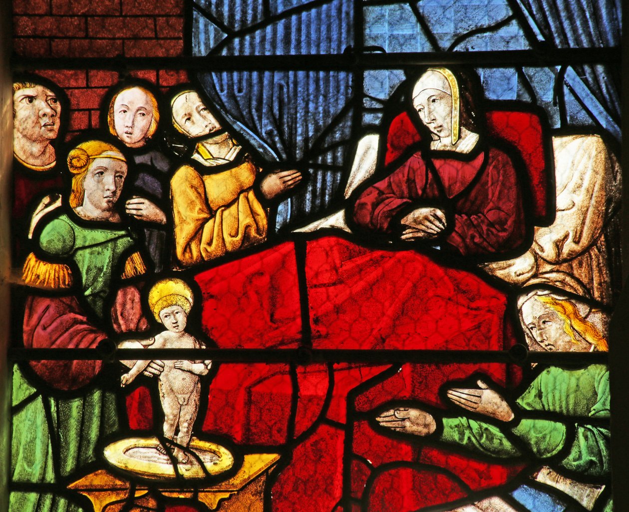 Vindu som viser fødselen til Saint Nicholas (farget glass) av French School