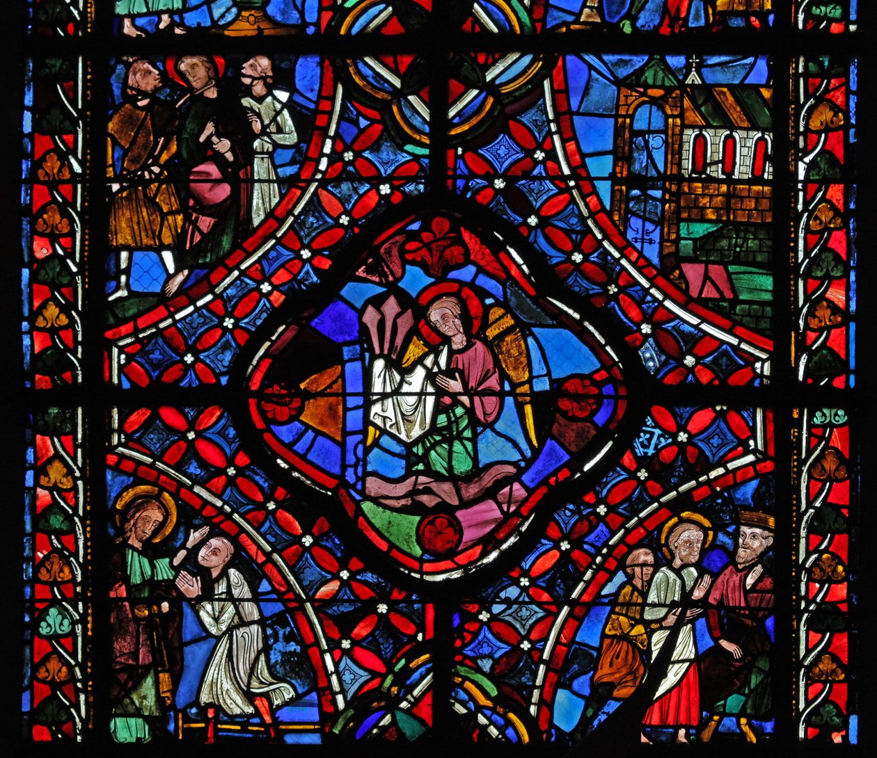 Vindu som viser den andre delen av St James-vinduet, w5: i midten er pasjonsspikerne; Filetus er omvendt; Hermogenes med St James; en kirke; St James med 2 menn nn (beiset g av French School