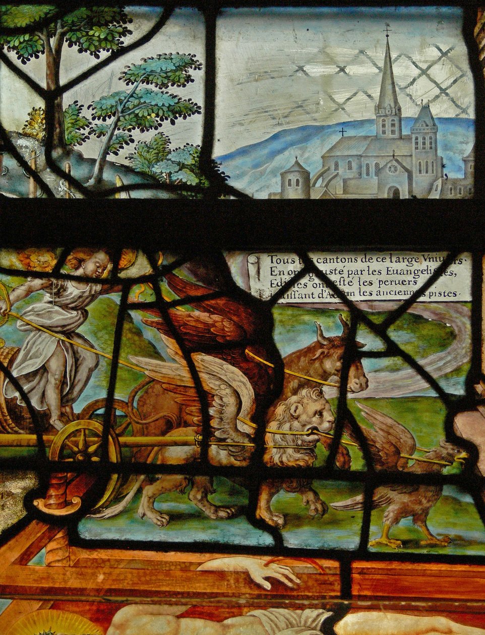 Vindu i Charnier (w.11) som viser en detalj fra Mystic Wine Press av French School