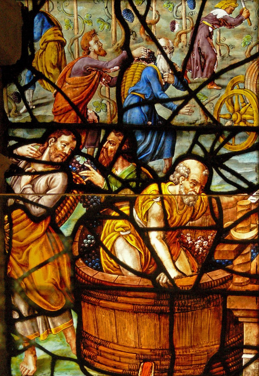 Vindu i Charnier (w.11) som viser en detalj fra Mystic Wine Press av French School