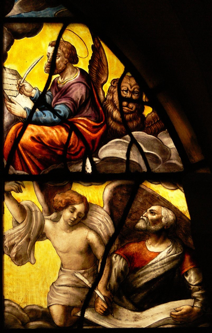 Vindu i Charnier (w.2) som viser en detalj fra Vertens mirakel: Markus og Matteus av French School