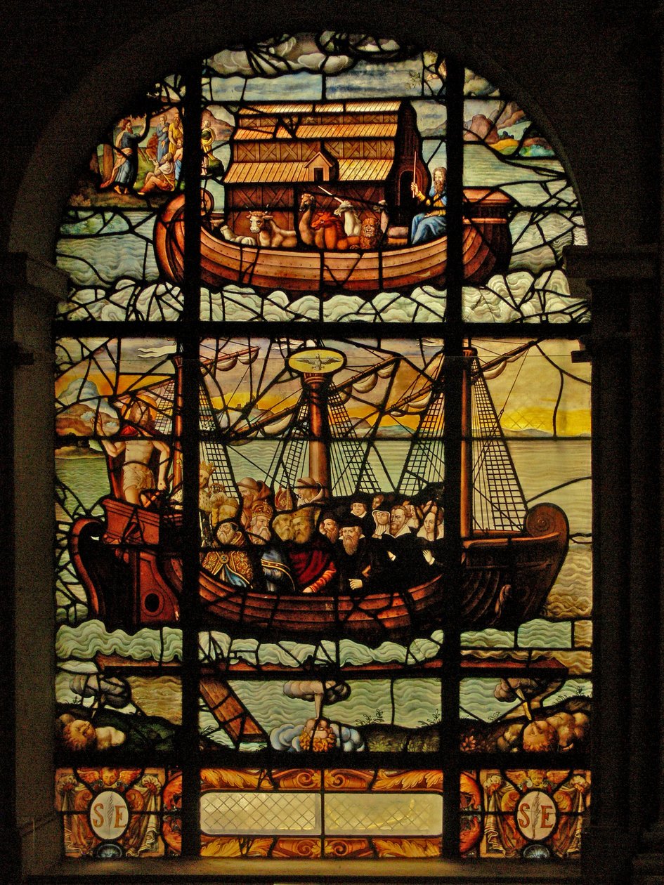 Window in the Charnier (w.3) som viser historien om Noahs ark og Kirken med Kristus og de trofaste av French School
