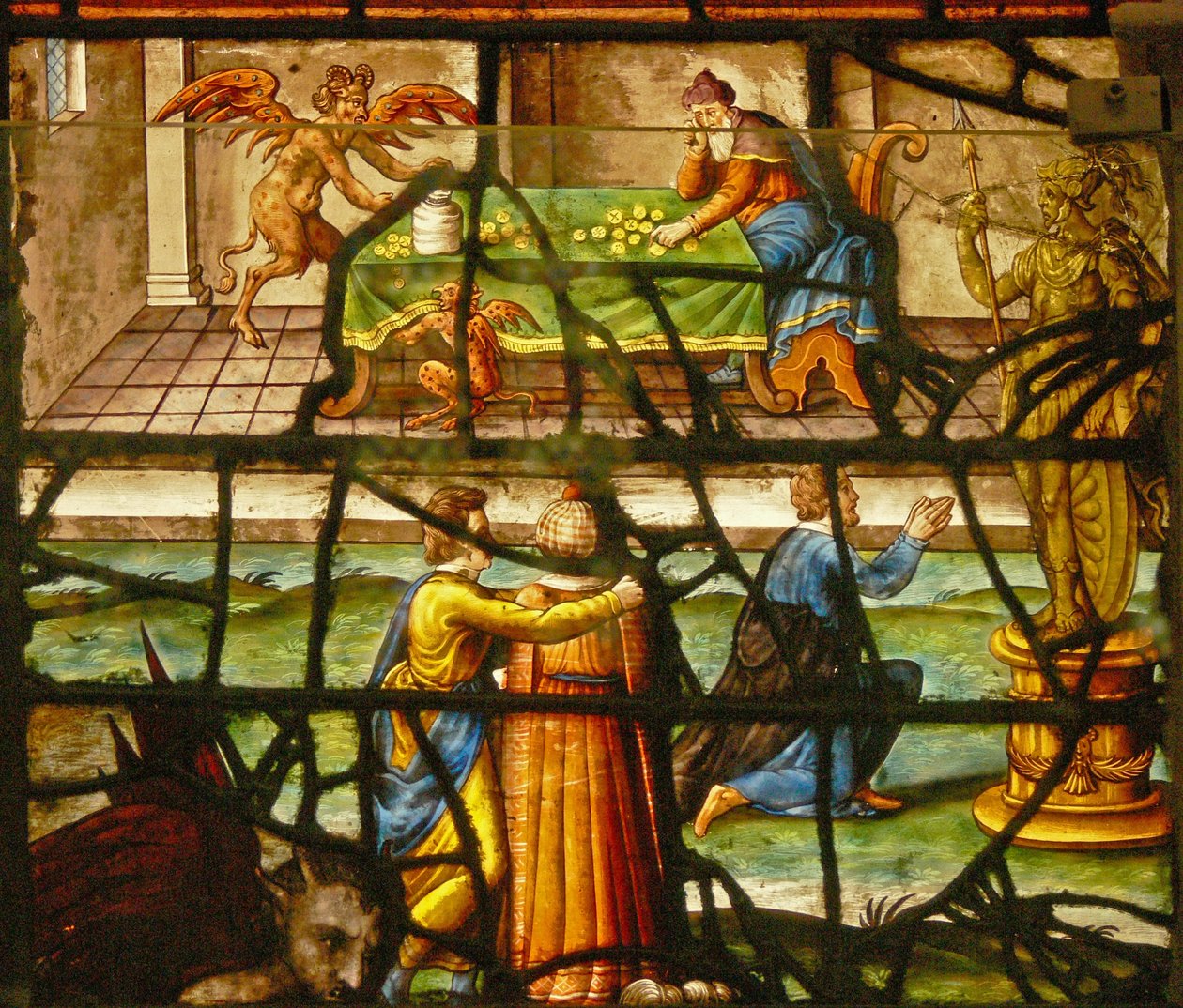 Window in the Charnier (w.6) som viser påsken, påsken og synder (gambling og avgudsdyrkelse av French School