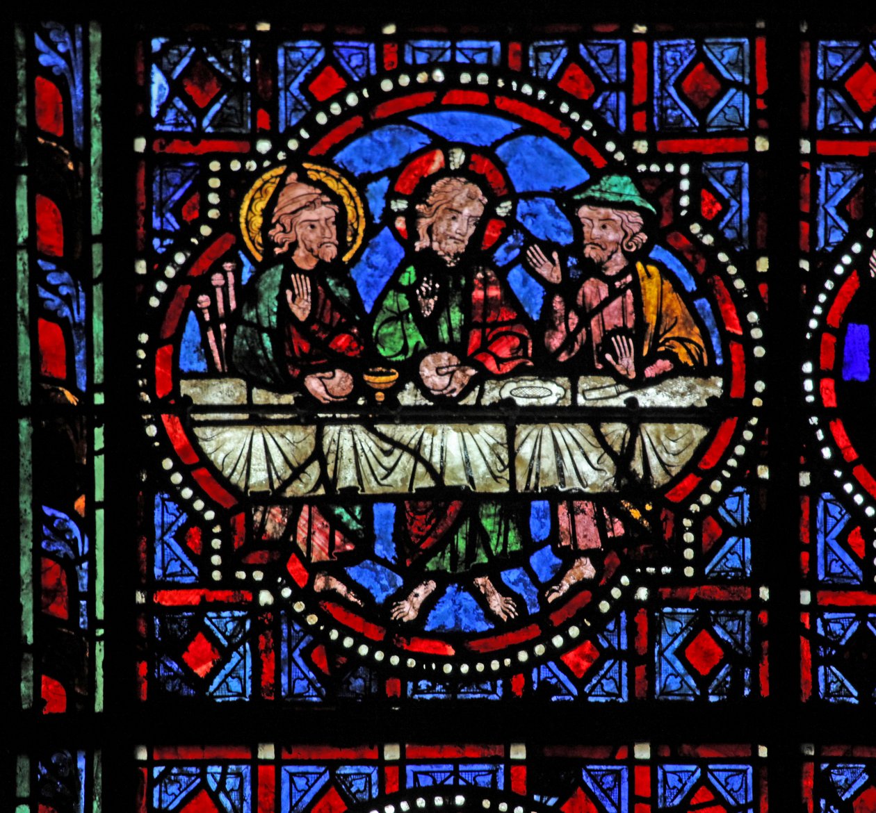 Vindu w02 som viser en oppstandelsesscene: kveldsmaten i Emmaus av French School