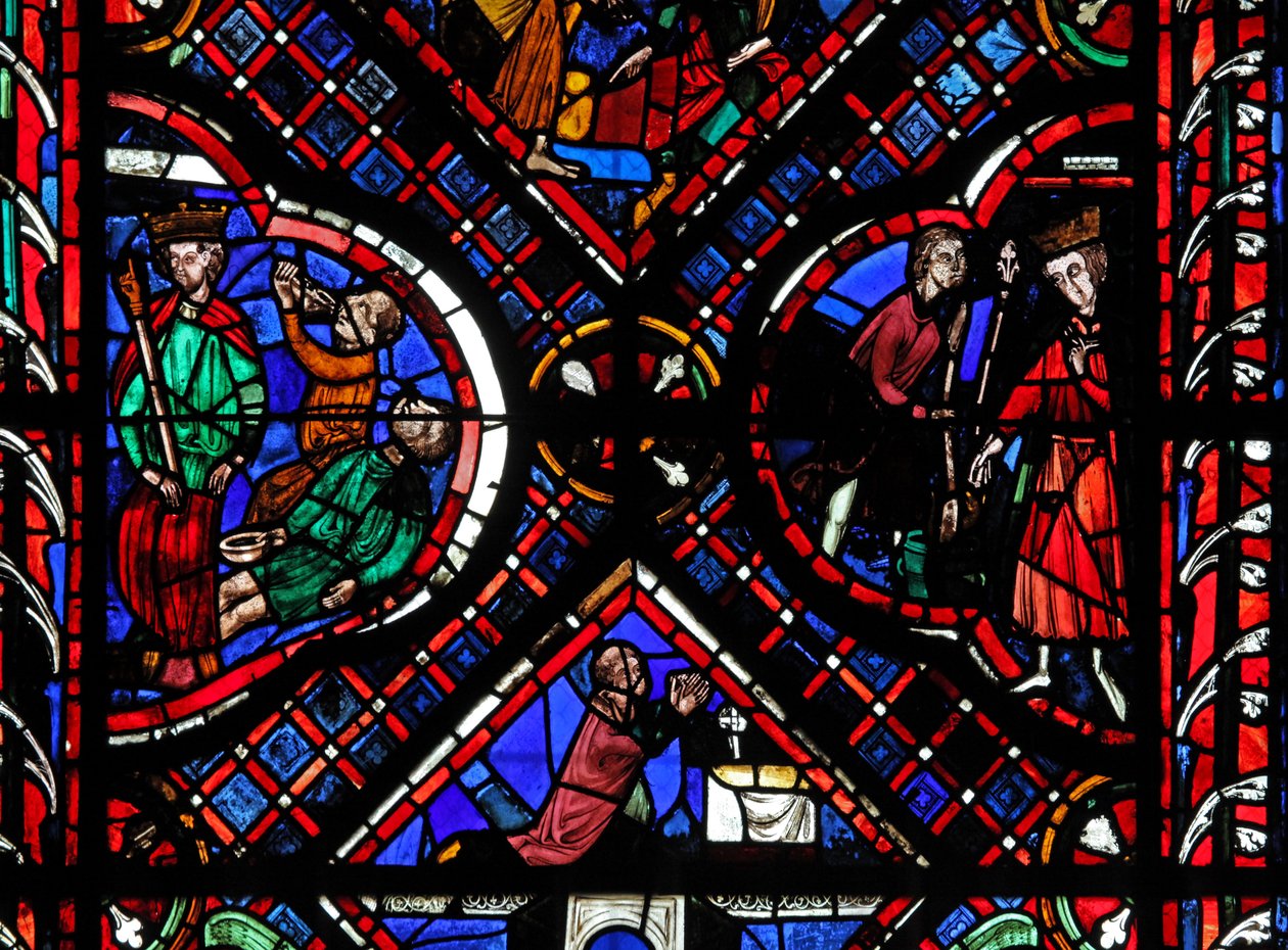 Vindu w03 som viser scener fra legenden om St John, inkludert helgenen og den forgiftede koppen av French School