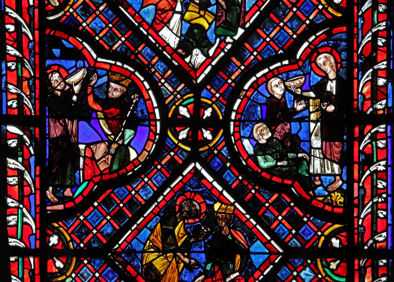 Vindu w03 som viser scener fra legenden om St John: helgenen og den forgiftede koppen av French School