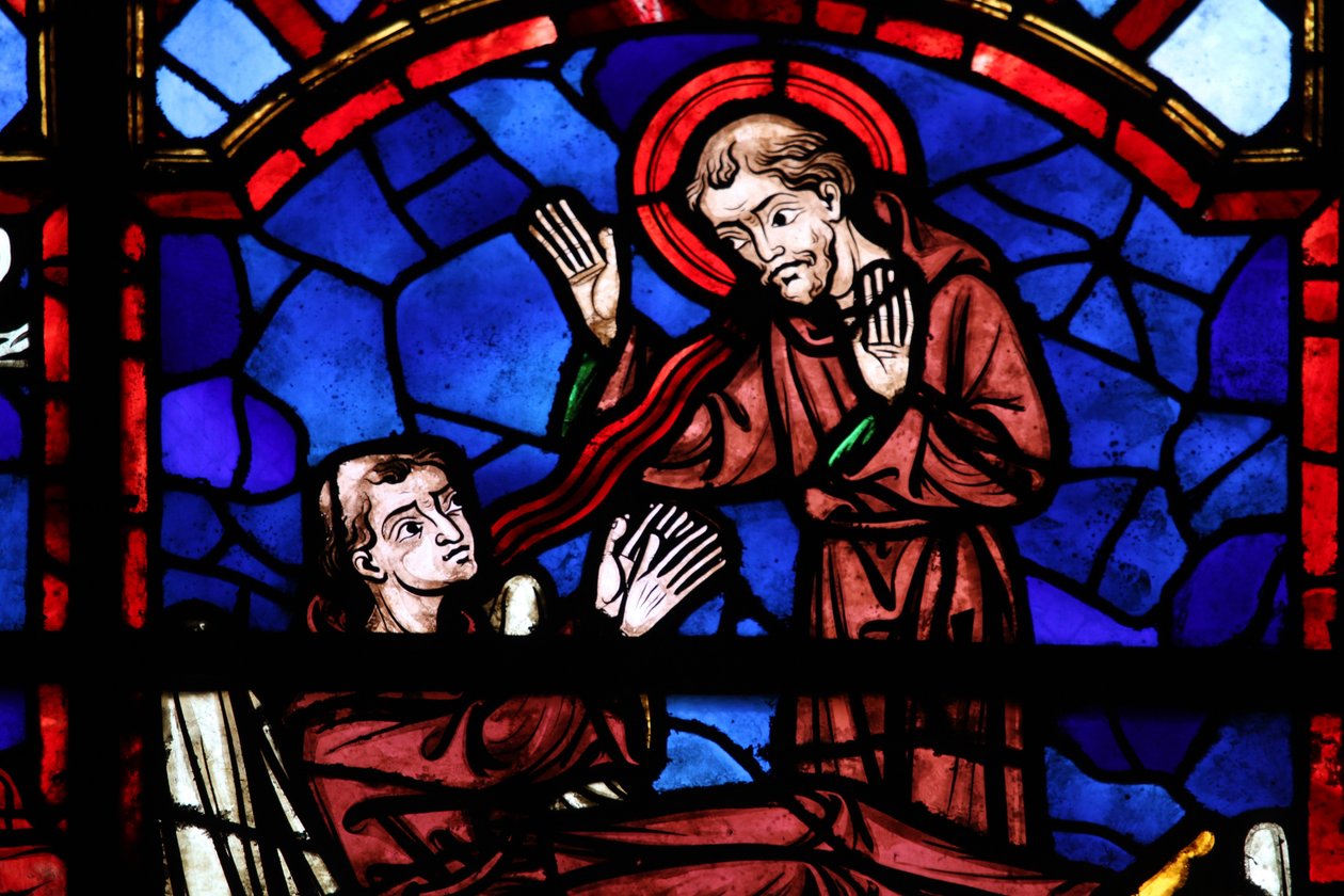Vindu w04 som viser en hellig munk vises for St. Martin av French School