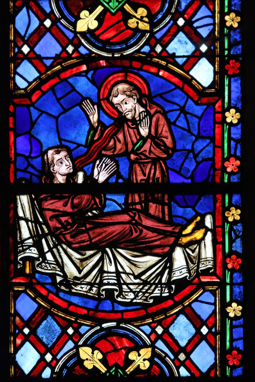 Vindu w04 som viser en hellig munk vises for St. Martin av French School