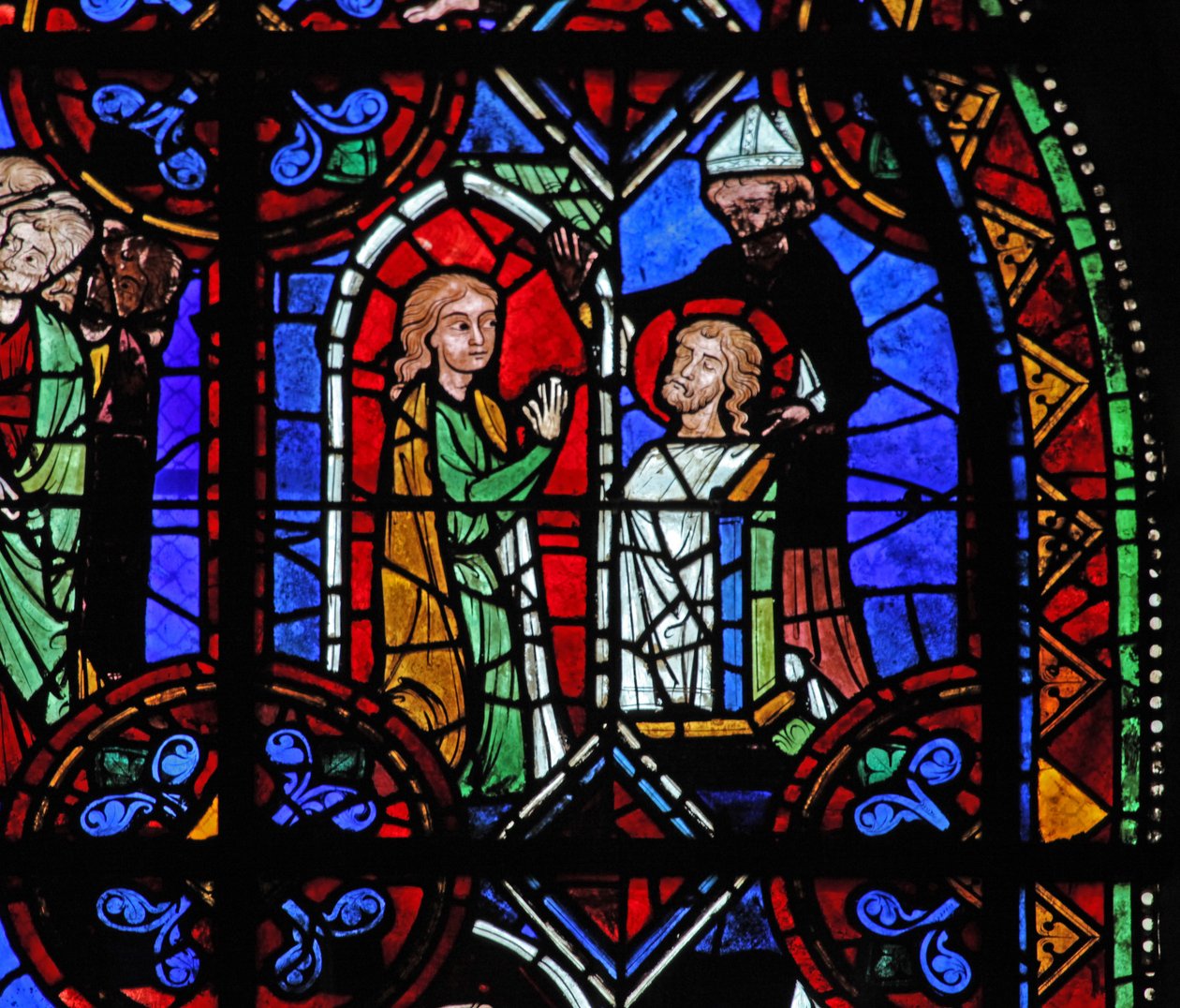 Vindu w06 som viser en pilegrim foran relikvien til St. Julien av Brioude av French School